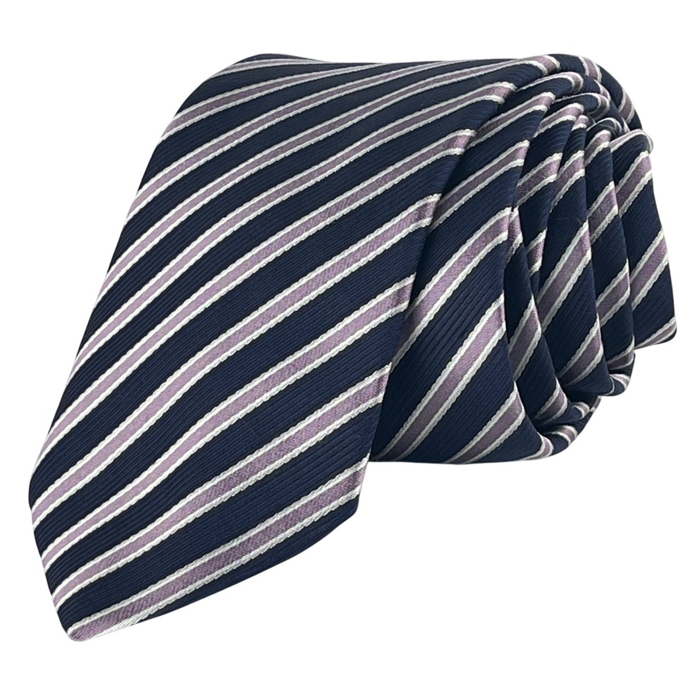 Hugo Boss Tie Mens Navy Blue Purple Striped Silk Blend Made in Italy